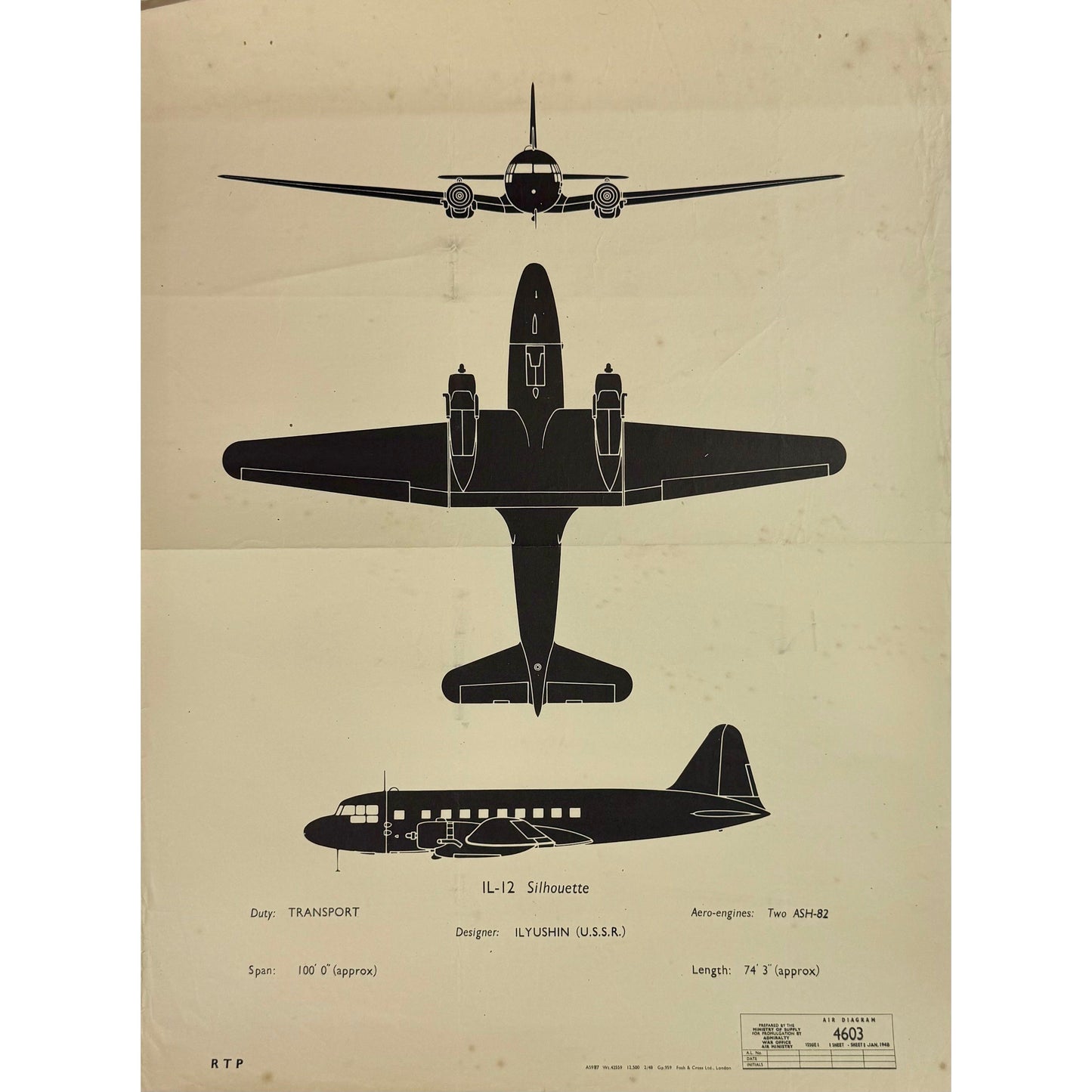 ORIGINAL POSTER - 1950s - AIRCRAFT RECOGNITION POSTER / ILYUSHIN IL-12