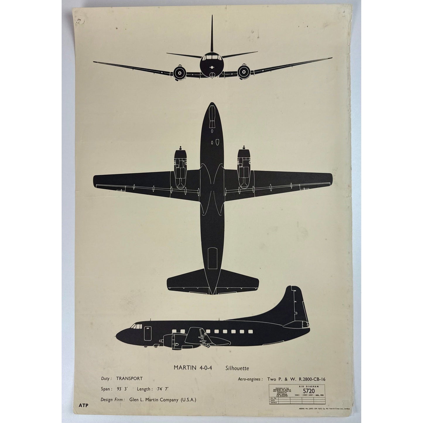 ORIGINAL POSTER - 1950s - AIRCRAFT RECOGNITION POSTER / MARTIN 4-0-4