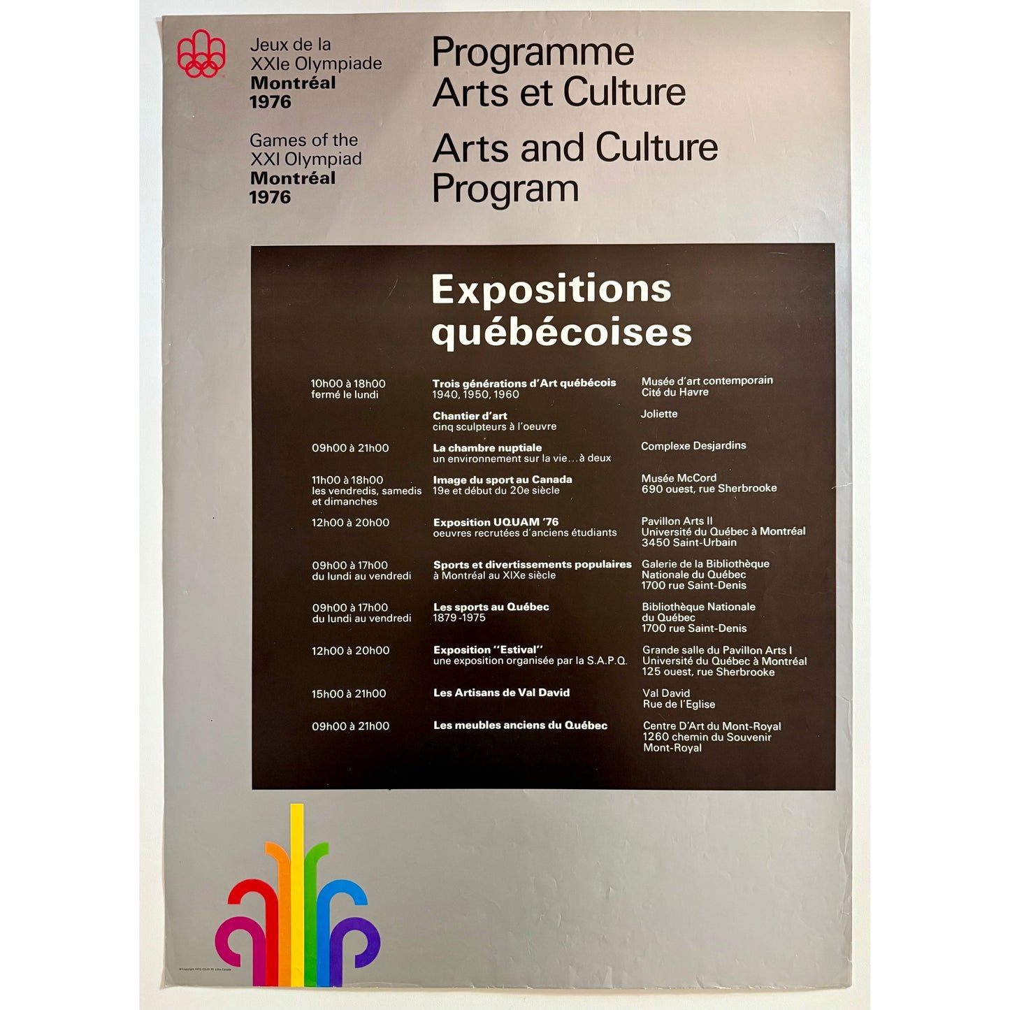ORIGINAL POSTER - 1972 - ARTS AND CULTURE PROGRAM (EXPOSITIONS QUEBECOISES)