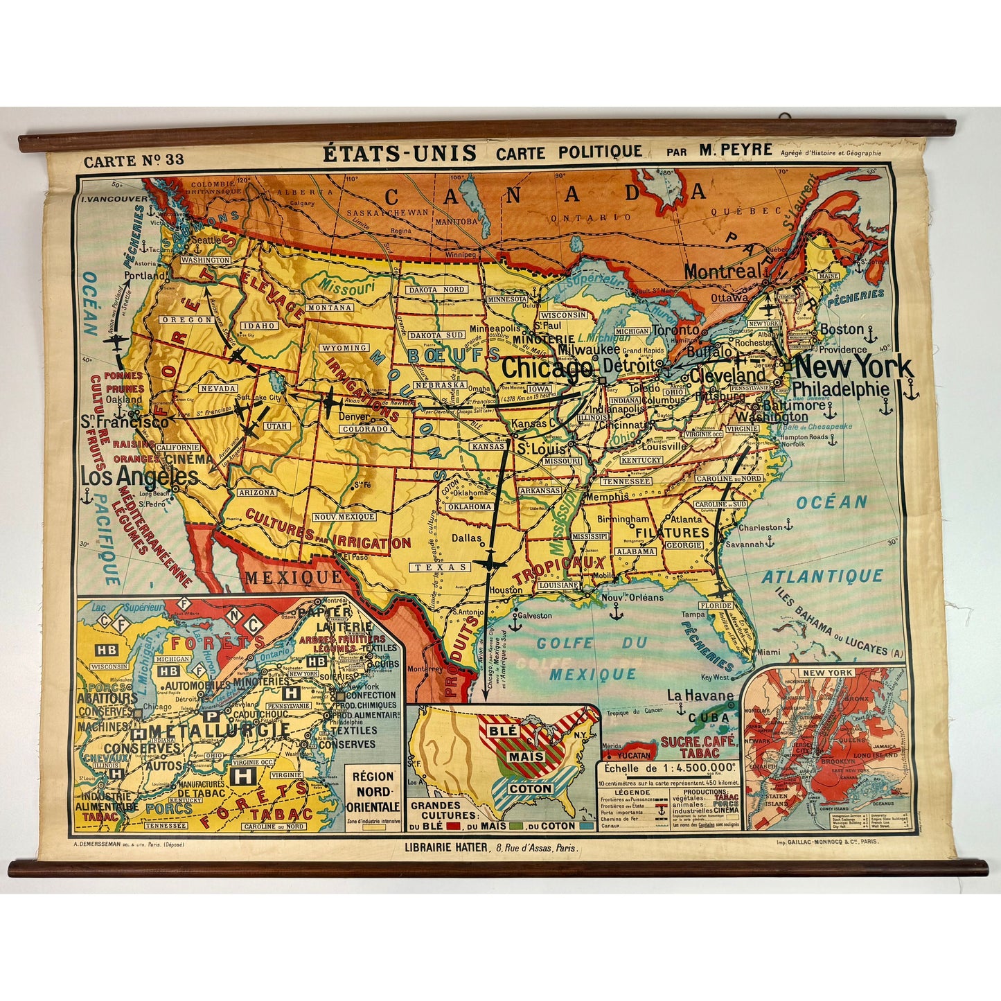 ORIGINAL POSTER - 1930s - SCHOOL MAP / ÉTATS-UNIS - CARTE POLITIQUE No 33 (FRENCH)