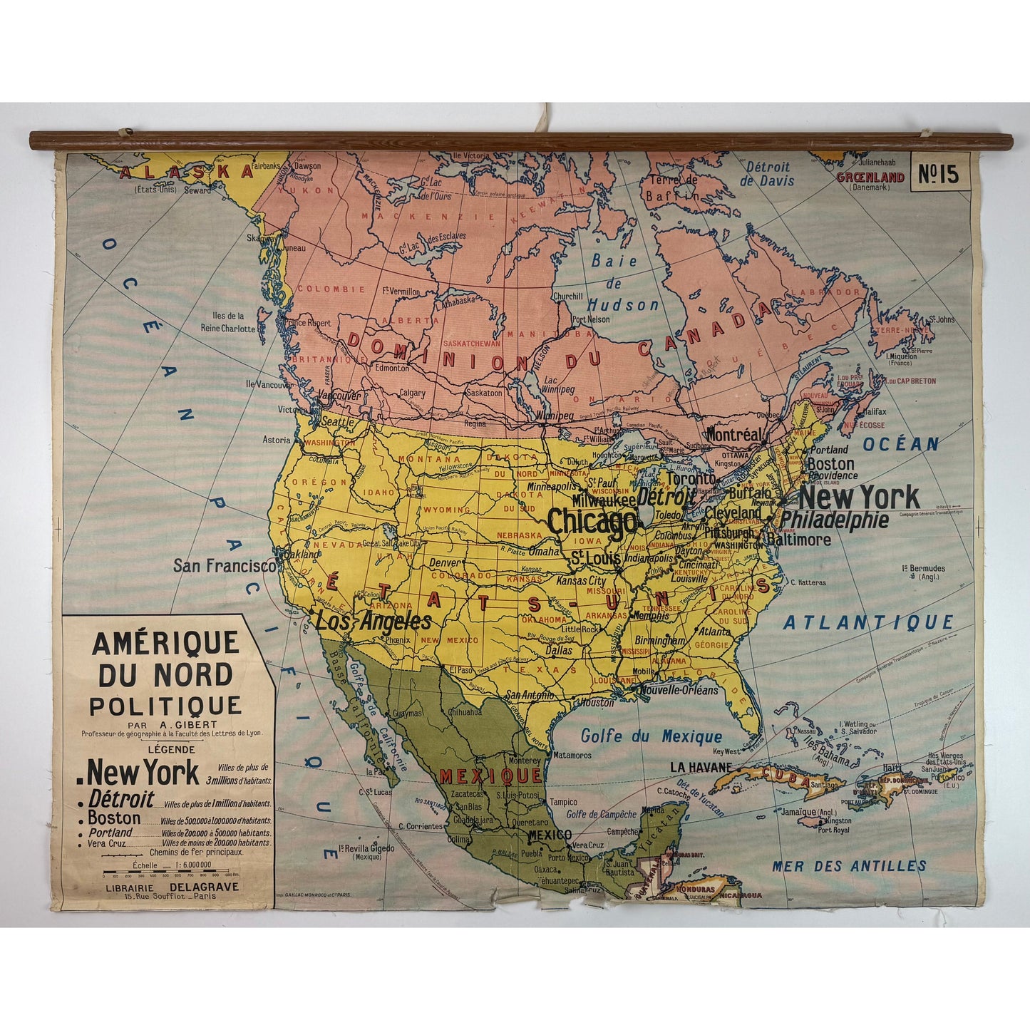 ORIGINAL POSTER - 1920s - SCHOOL MAP / AMÉRIQUE DU NORD - CARTE POLITIQUE No 15 (FRENCH)