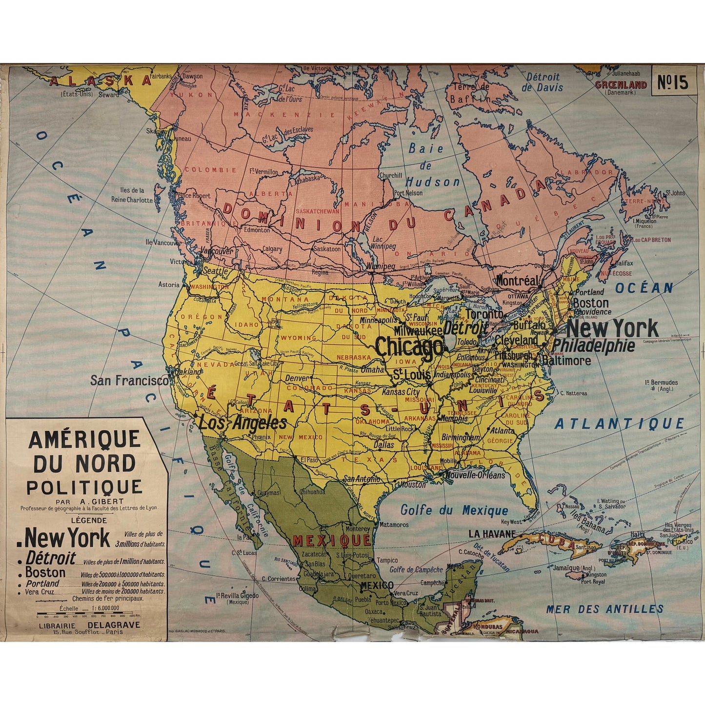 ORIGINAL POSTER - 1920s - SCHOOL MAP / AMÉRIQUE DU NORD - CARTE POLITIQUE No 15 (FRENCH)