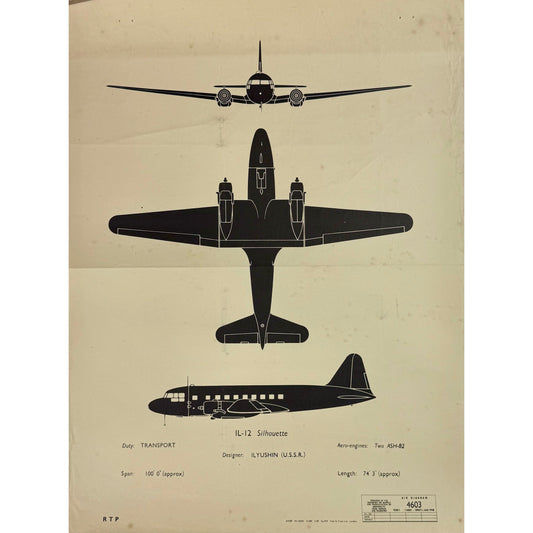 ORIGINAL POSTER - 1950s - AIRCRAFT RECOGNITION POSTER / ILYUSHIN IL-12