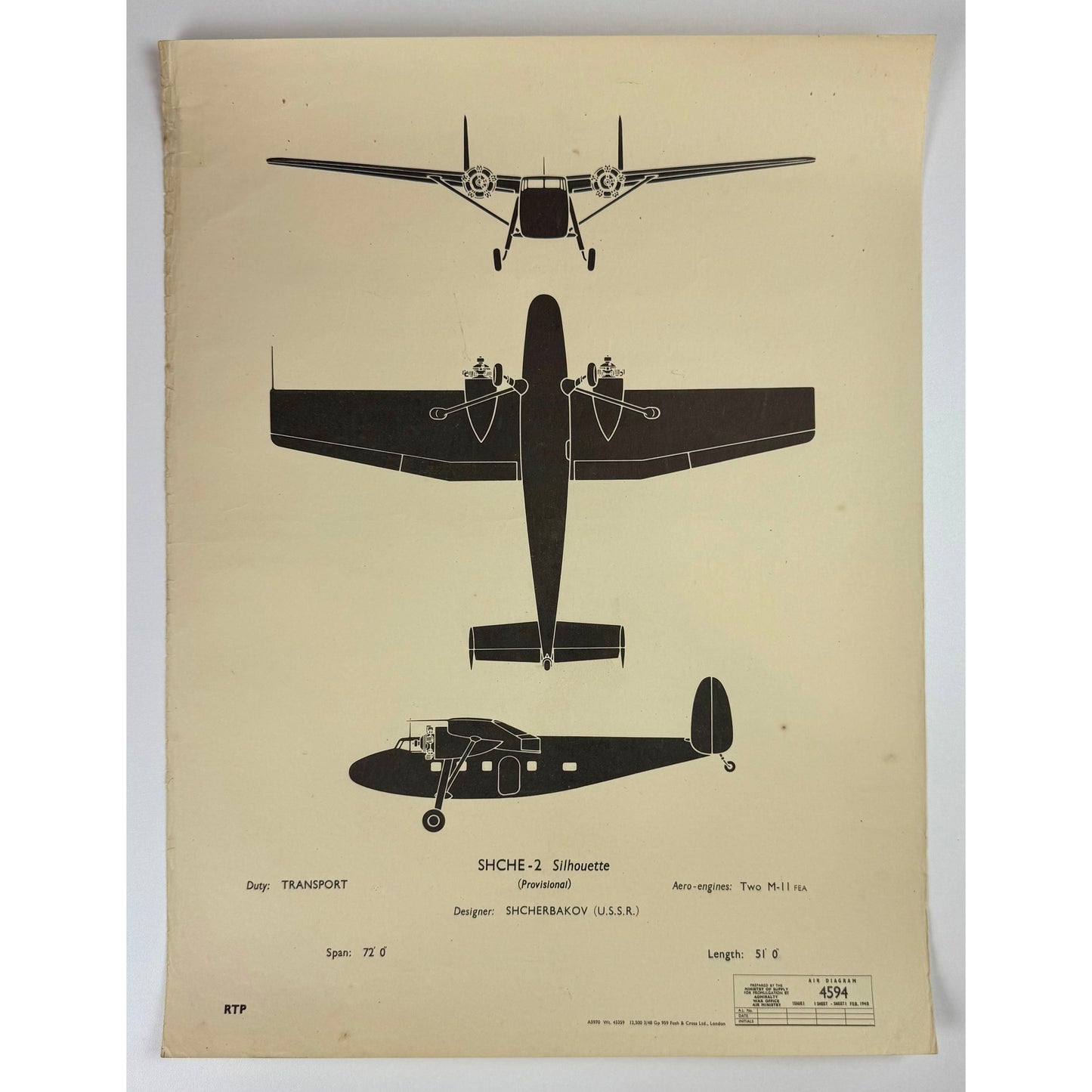 ORIGINAL POSTER - 1950s - AIRCRAFT RECOGNITION POSTER / SHCHERBAKOV-2