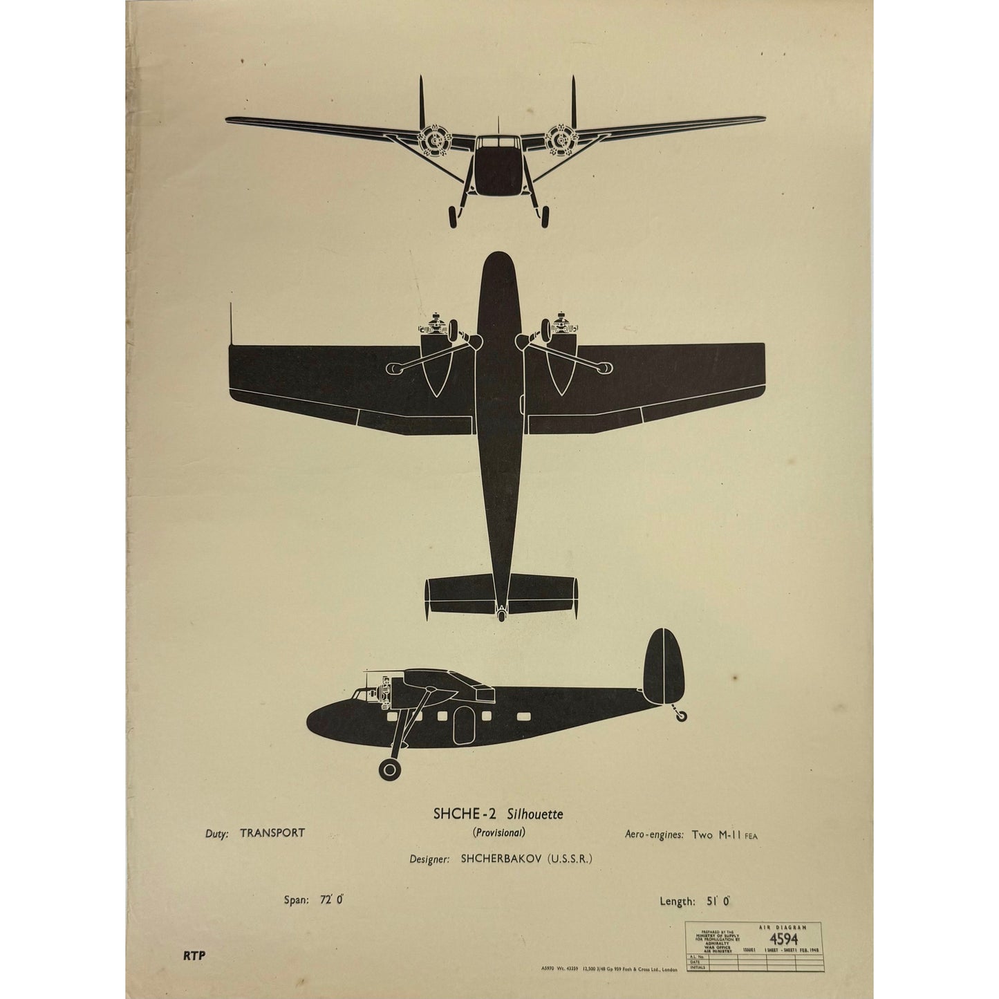 ORIGINAL POSTER - 1950s - AIRCRAFT RECOGNITION POSTER / SHCHERBAKOV-2