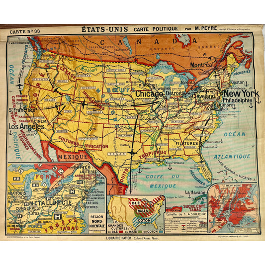 ORIGINAL POSTER - 1930s - SCHOOL MAP / ÉTATS-UNIS - CARTE POLITIQUE No 33 (FRENCH)