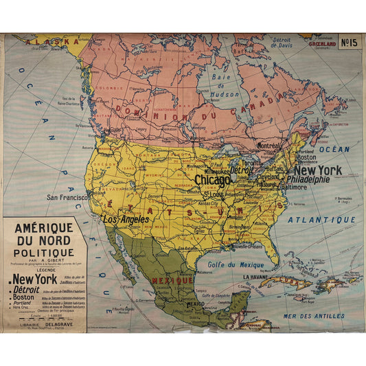 ORIGINAL POSTER - 1920s - SCHOOL MAP / AMÉRIQUE DU NORD - CARTE POLITIQUE No 15 (FRENCH)