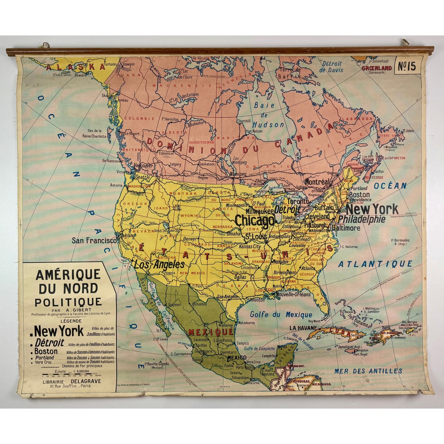 ORIGINAL POSTER - 1920s - SCHOOL MAP / NORTH AMERICA - CARTE POLITIQUE No 15 (FRENCH)