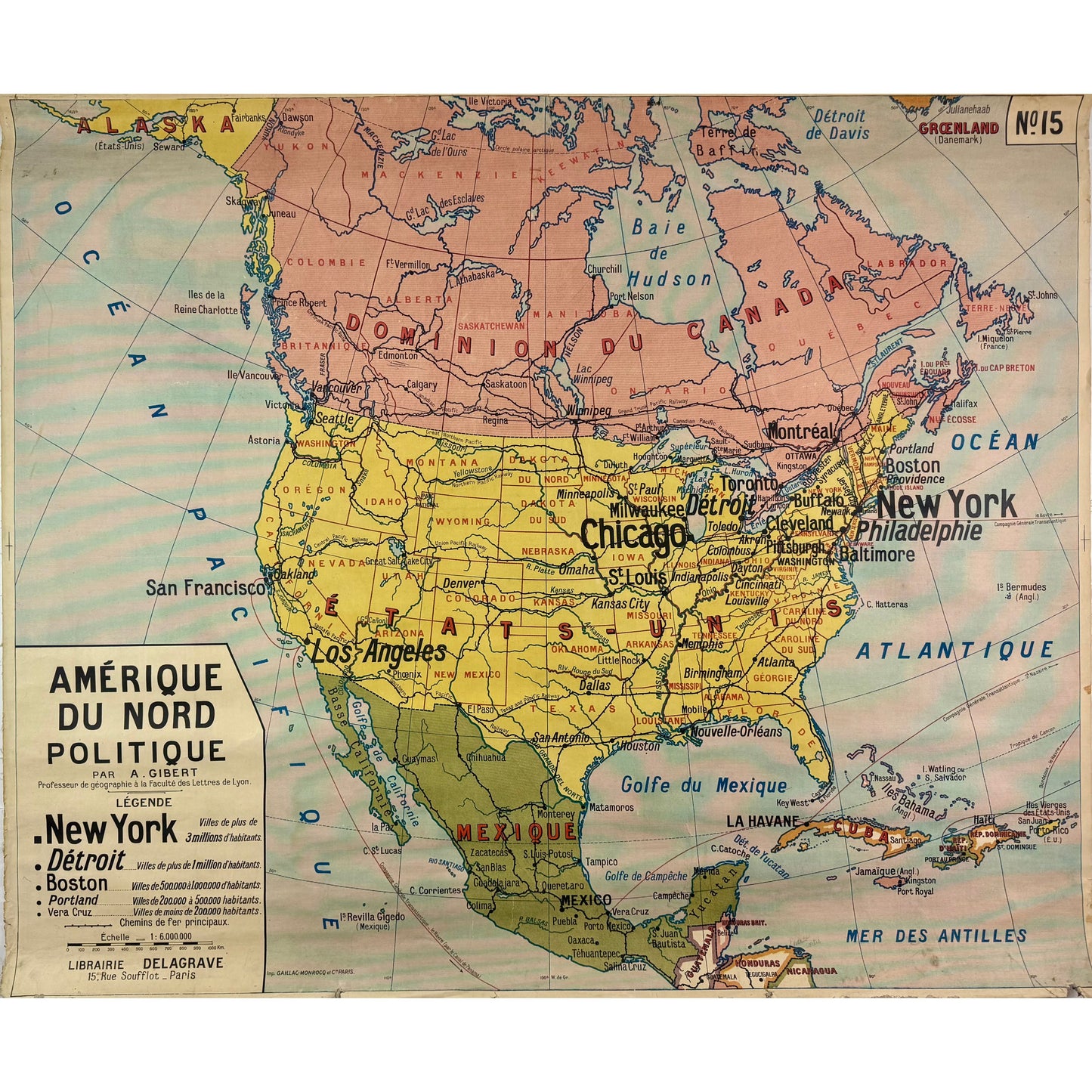 ORIGINAL POSTER - 1920s - SCHOOL MAP / NORTH AMERICA - CARTE POLITIQUE No 15 (FRENCH)